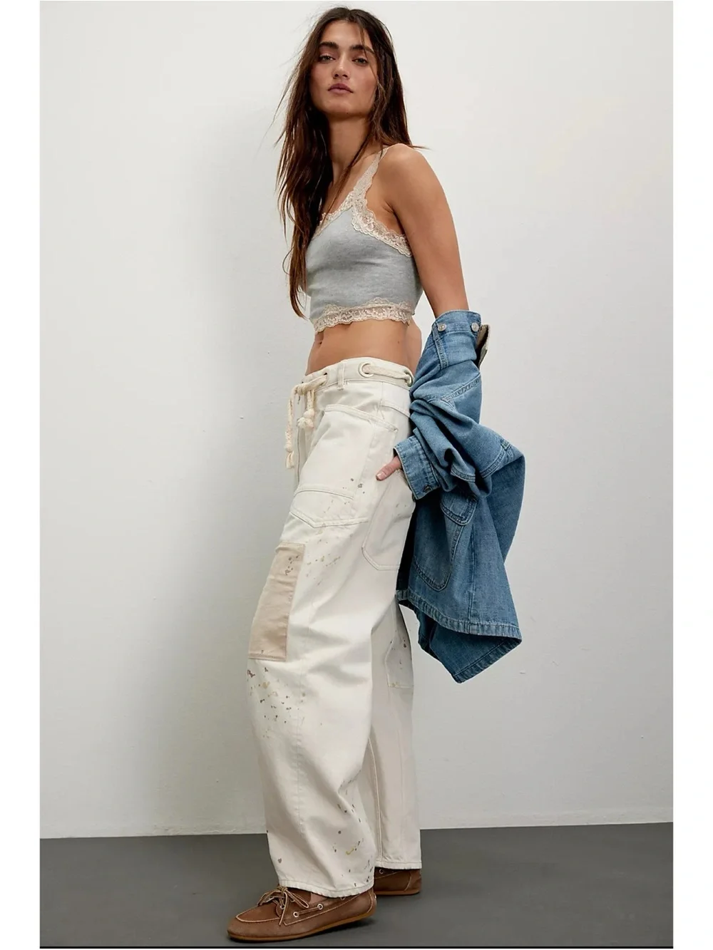 Free People We The Free Moxie Pull-On Barrel Jeans Cream White Paint 27